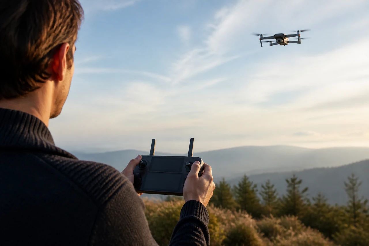 Gros plan d’un drone et de sa radiocommande utilisés pour la prise de vue aérienne