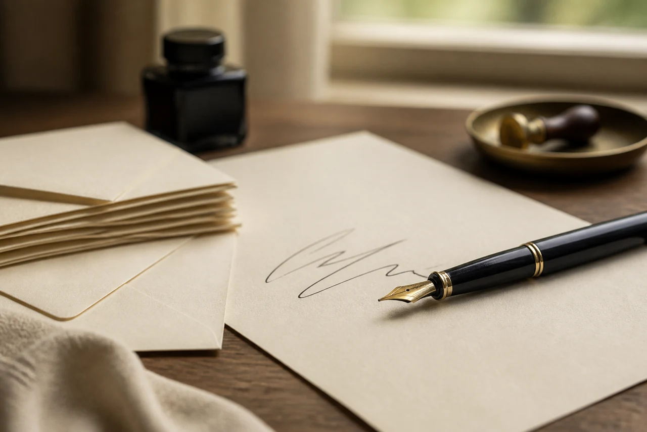 Bureau d’un écrivain public avec documents et stylo pour la rédaction