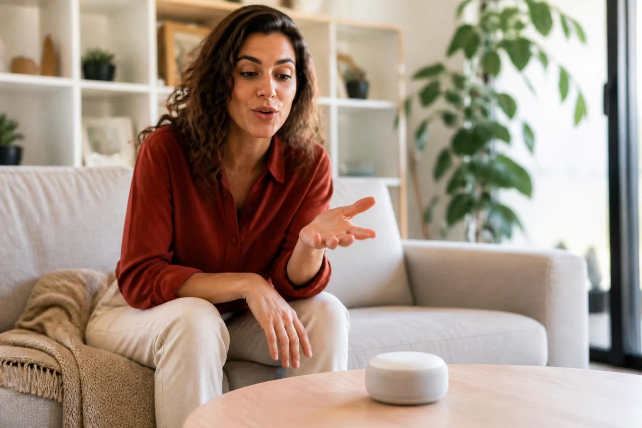 Personne parlant à une enceinte connectée pour piloter la maison à la voix