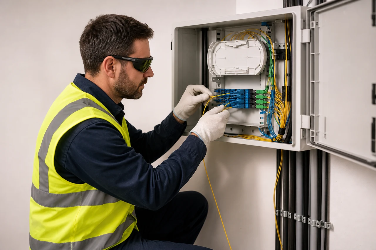 Faisceaux de brins de fibre optique éclairés en gros plan sur fond sombre