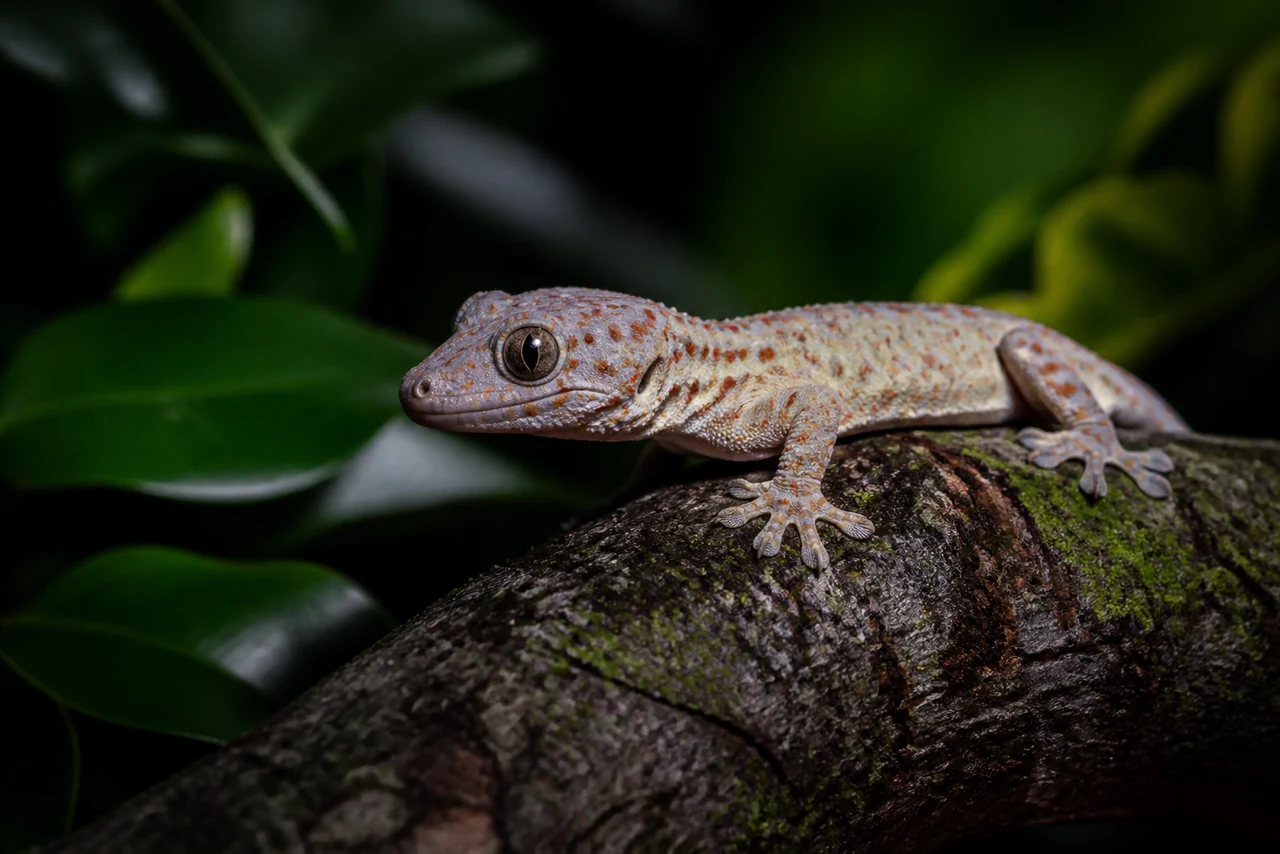 Gecko grimpant sur un mur clair et exhibant ses doigts adhésifs