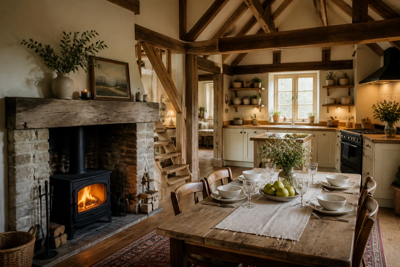 Salon et cuisine équipée d’un gîte rural meublé prêt à vivre