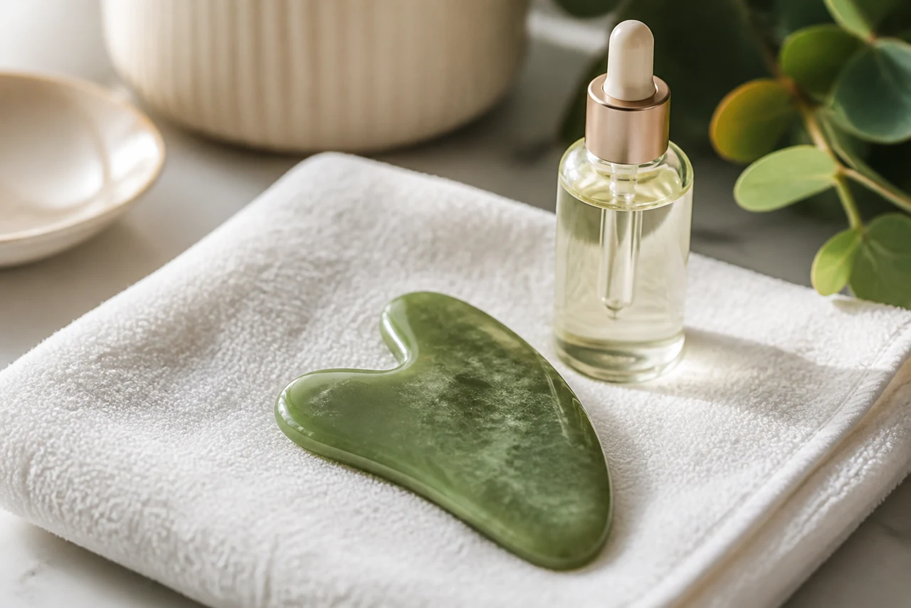 Gros plan sur un gua sha en pierre glissé le long de la mâchoire