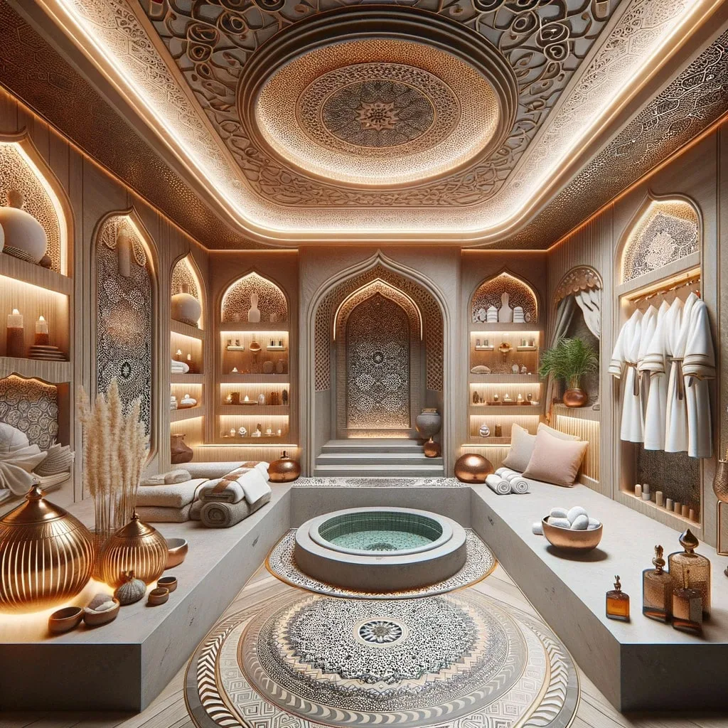 Exemple de hammam à domicile, pièce de vapeur carrelée avec banc