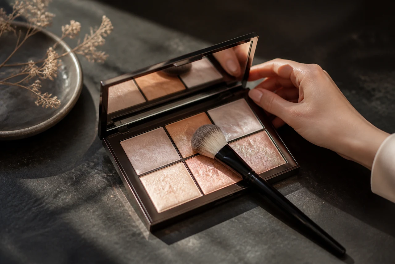 Differentes textures d’enlumineur, poudre, creme et liquide, presentees cote a cote