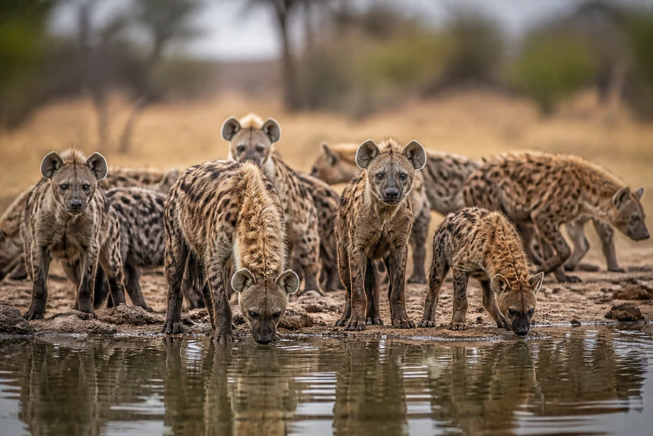 Un clan de hyènes tachetées rassemblé autour d’une carcasse dans la savane