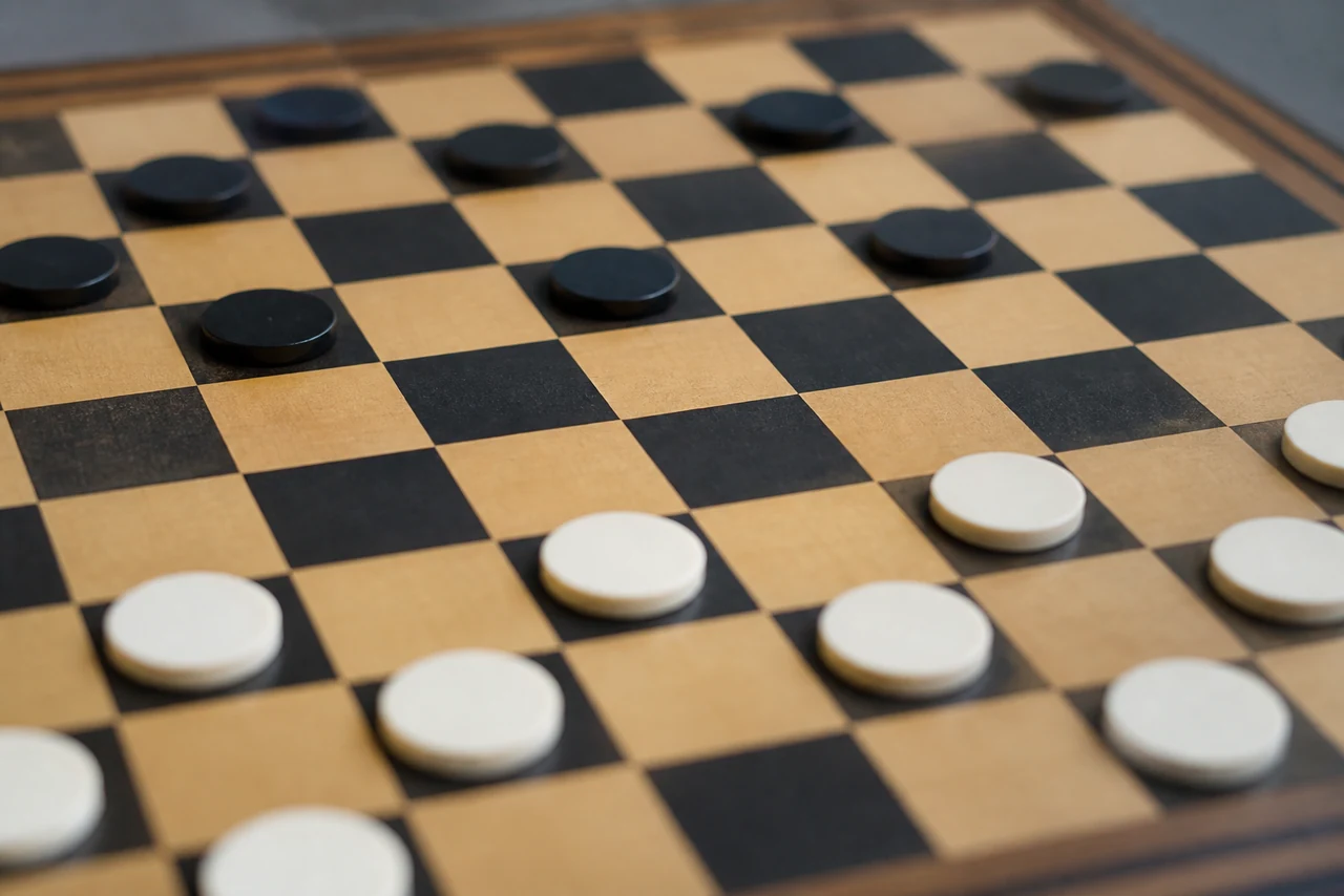 Gros plan sur des pions du jeu de dames alignés sur un damier