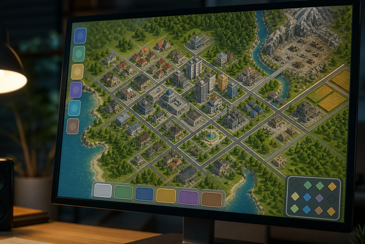 Écran de simulation d’un jeu de gestion avec bâtiments, budgets et menus de planification