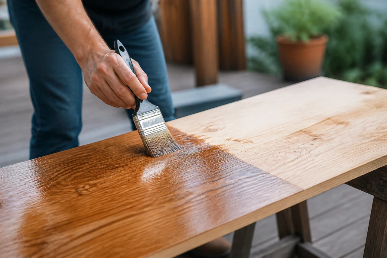 Comparaison d’une planche de bois protégée par une lasure semi-transparente et d’un bois grisaillé non protégé