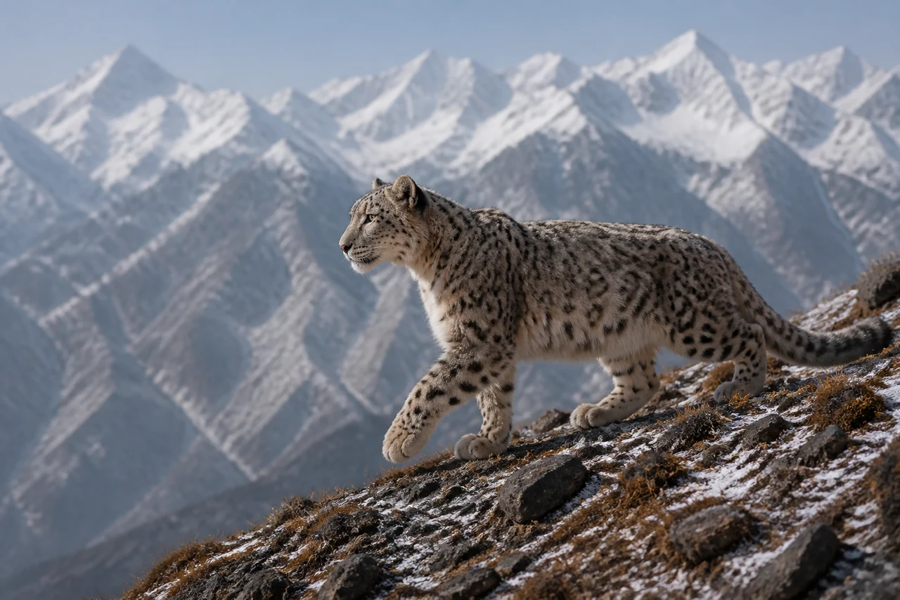 Léopard des neiges observant son territoire dans un paysage rocheux d’altitude en Asie