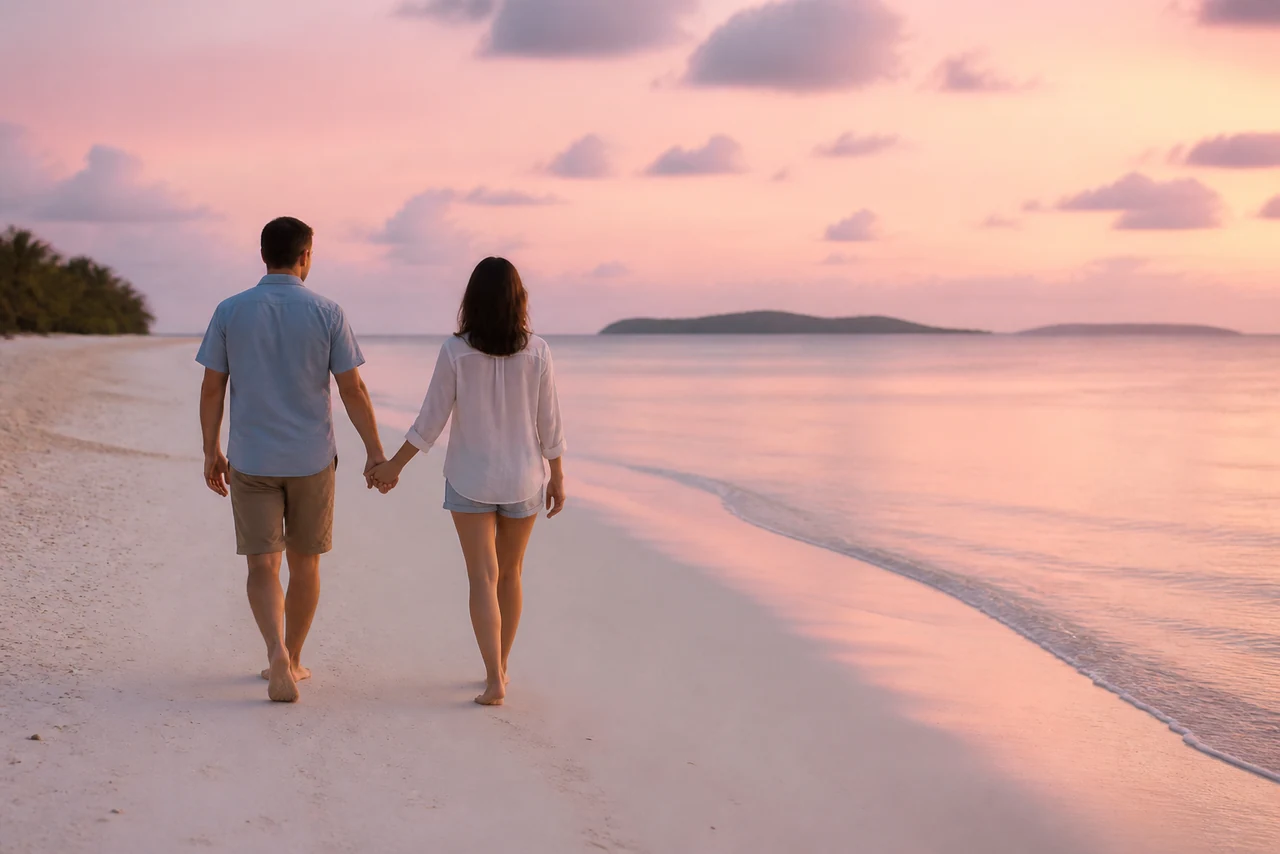 Jeunes mariés en voyage de noces marchant main dans la main sur une plage