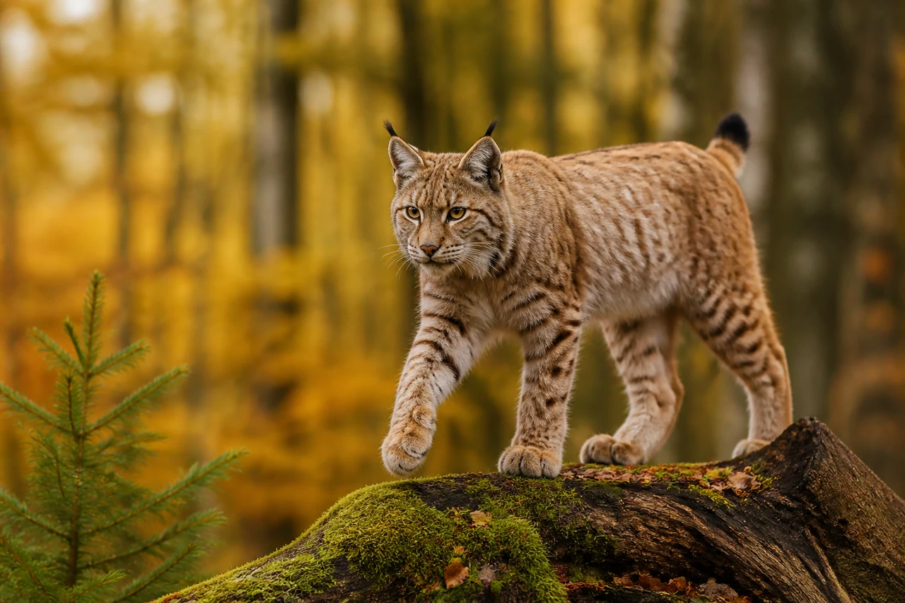 Lynx boréal à l’affût sur un rocher au cœur d’un massif forestier
