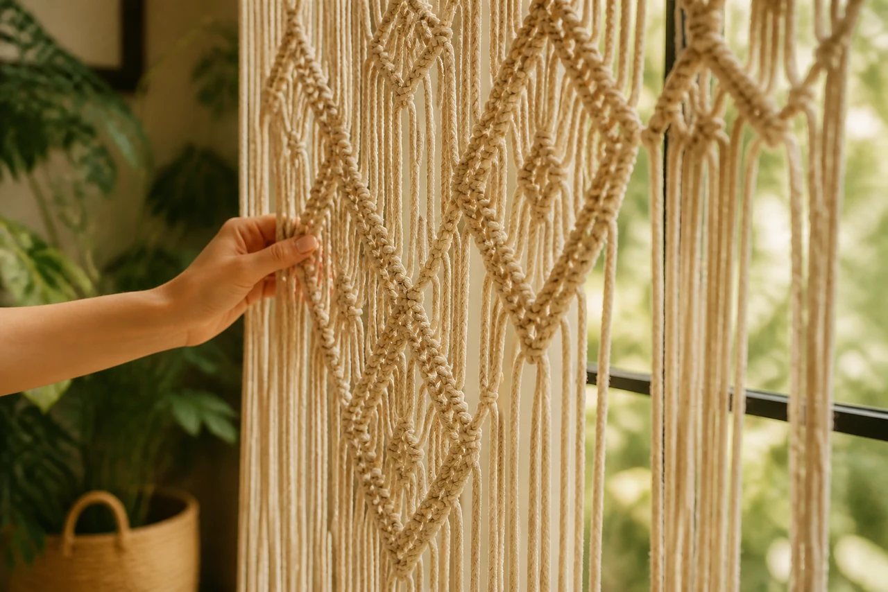 Détail de noeuds plats et de franges dans un ouvrage en macramé de coton