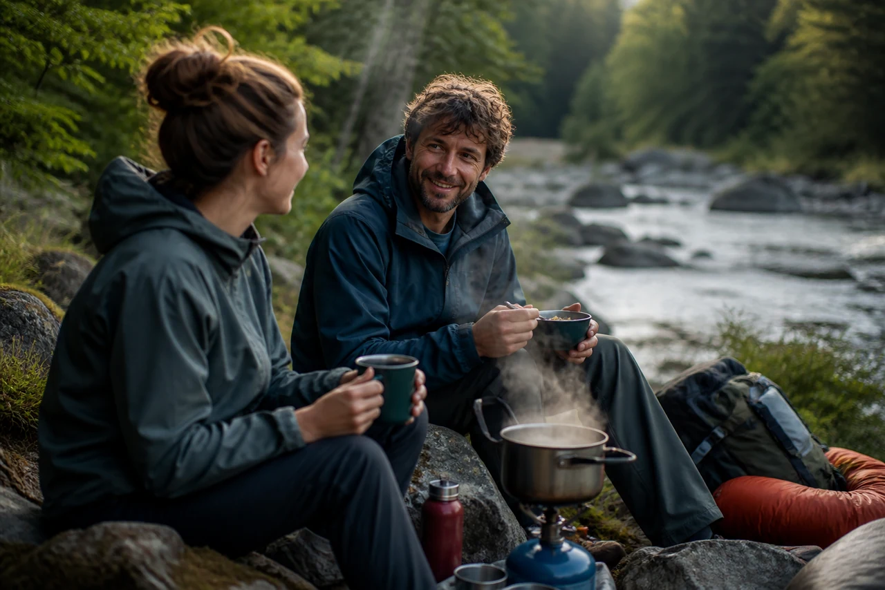 Bivouac léger et tente installés en pleine nature pour une microaventure d’une nuit