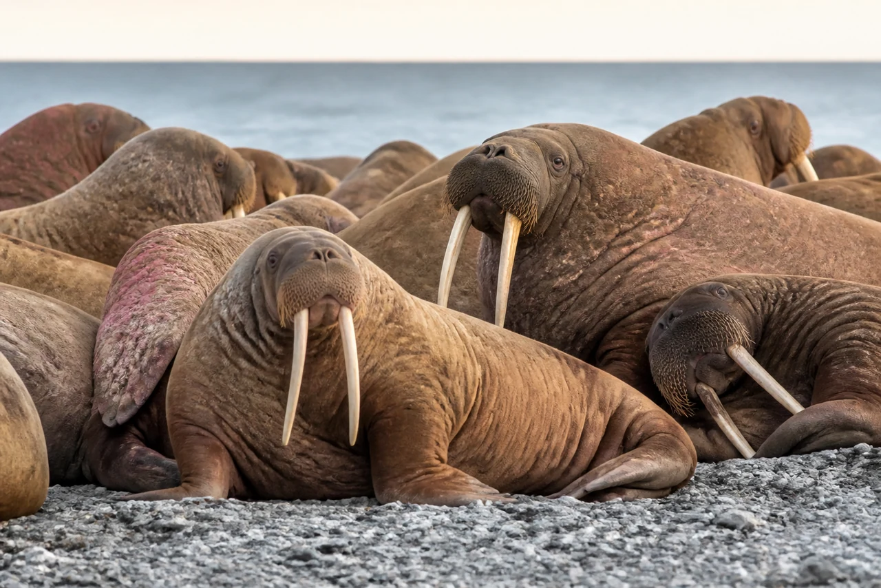 Gros plan sur les défenses et les moustaches d’un morse sur la glace