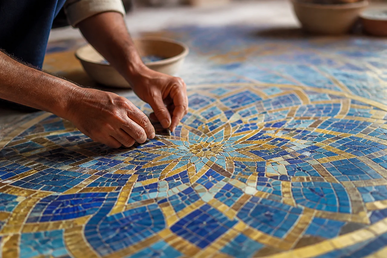 Gros plan de tesselles de mosaïque assemblées formant un motif coloré