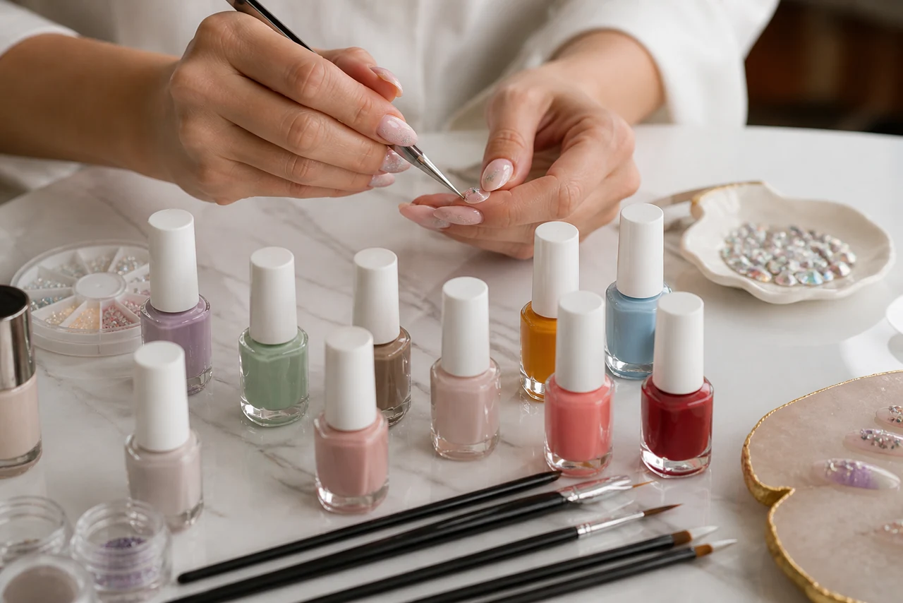 Outils de nail art avec vernis, pinceaux fins et plaque de stamping