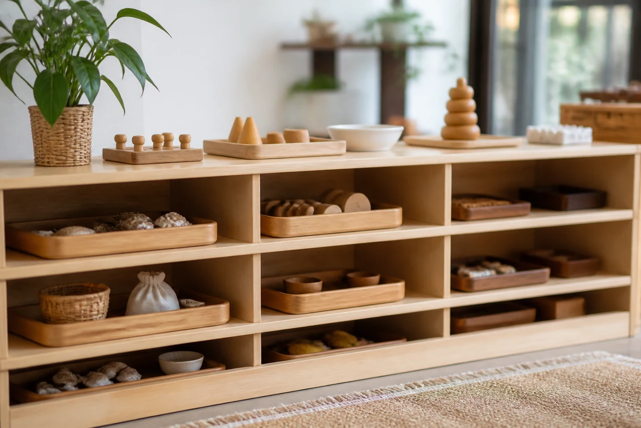 Matériel sensoriel Montessori en bois disposé sur une étagère à hauteur d’enfant