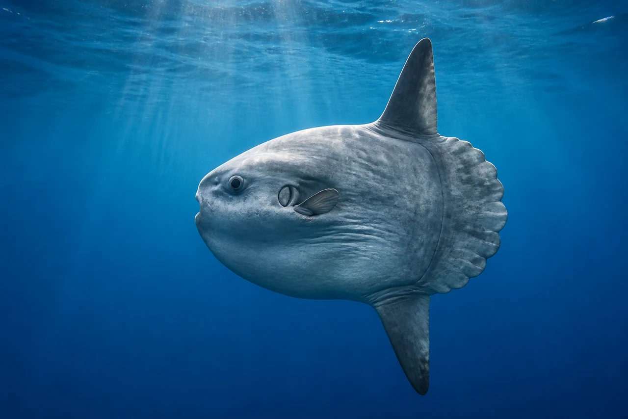 Poisson-lune flottant près de la surface, sa nageoire dorsale dressée hors de l’eau