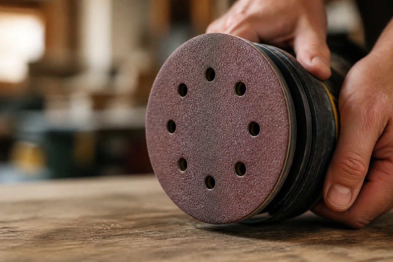 Gros plan sur le plateau rond et le disque abrasif d’une ponceuse excentrique