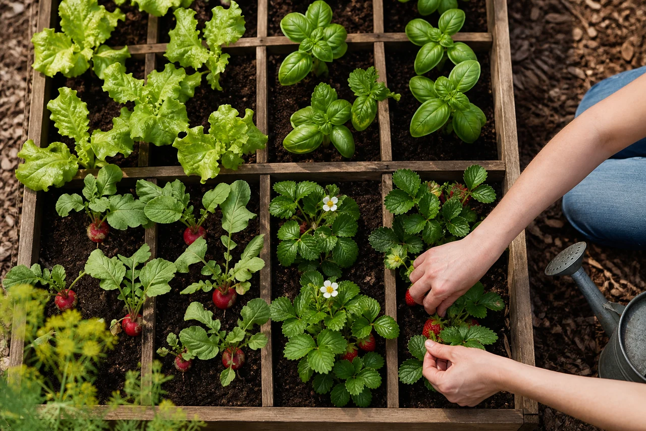 Bac de potager carré compartimenté avec salades, aromatiques et jeunes légumes