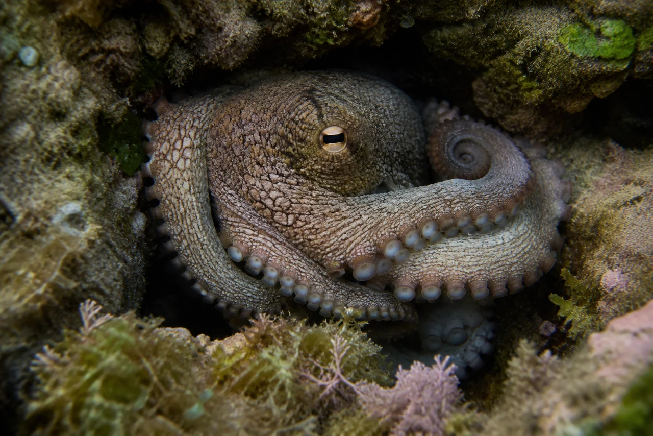 Gros plan sur la peau d’un poulpe changeant de couleur pour se camoufler