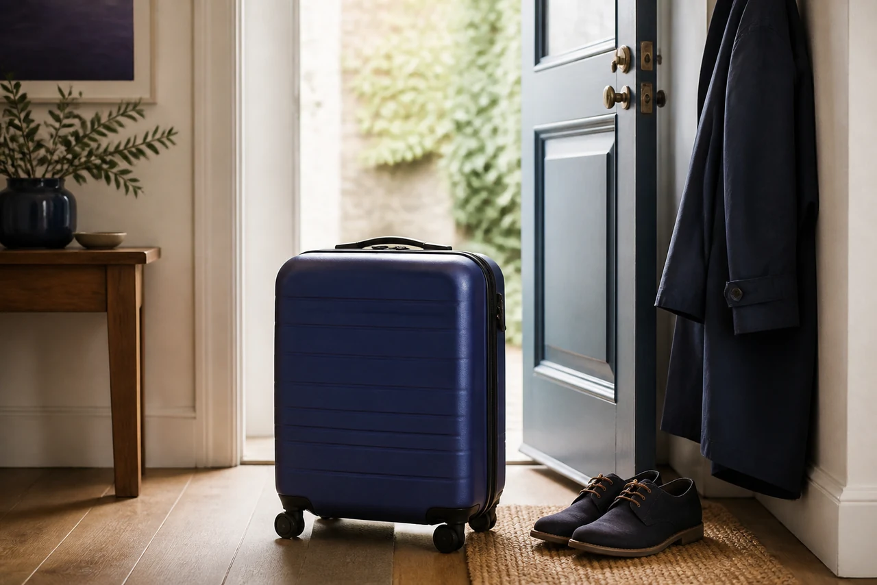 Valise et effets personnels rassemblés en hâte avant un départ