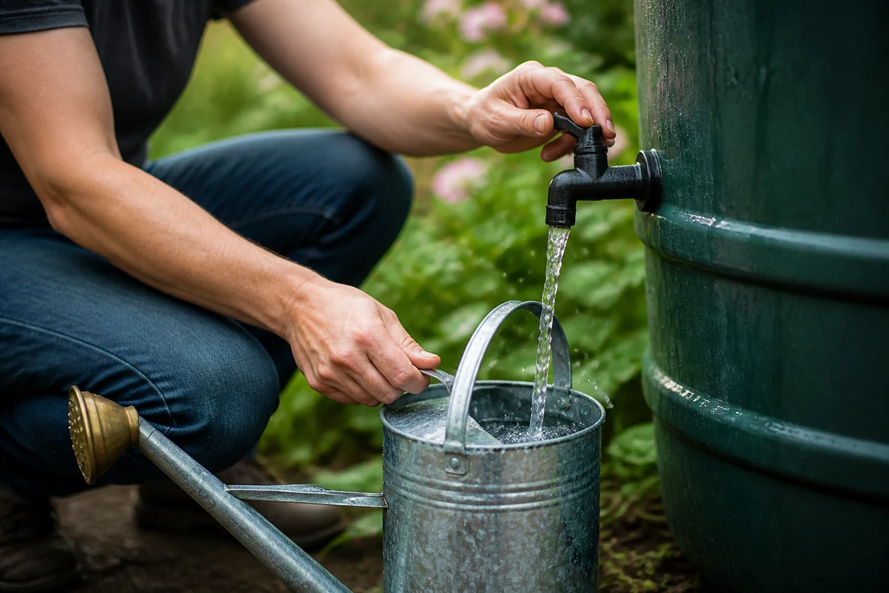 Cuve de récupérateur d’eau de pluie dans un jardin avec robinet de puisage