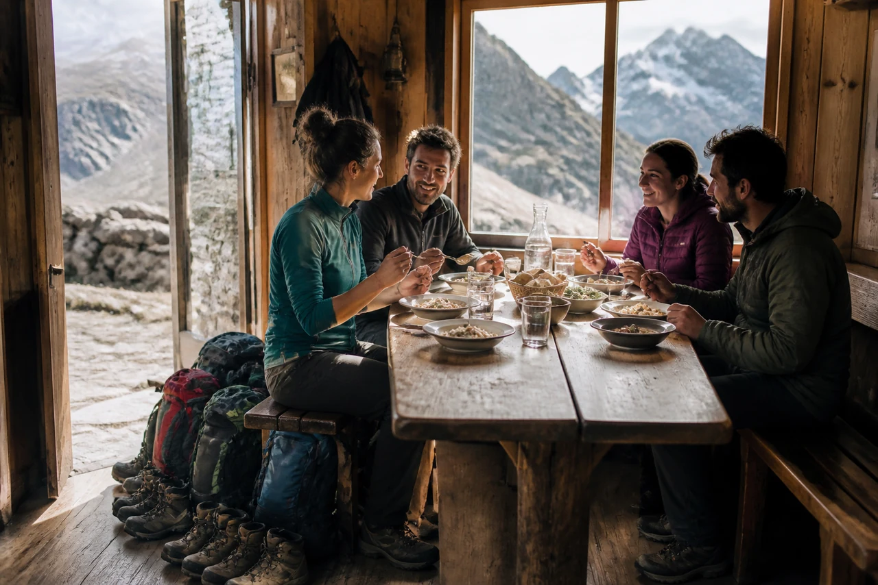Randonneurs partageant un repas dans la salle commune d’un refuge de montagne