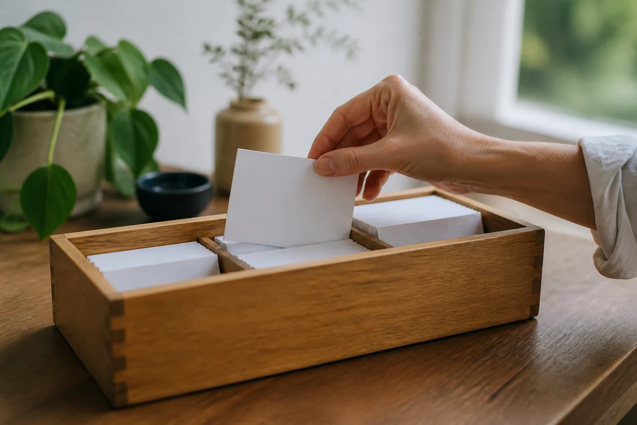Cartes mémoire utilisées pour la répétition espacée posées sur un bureau
