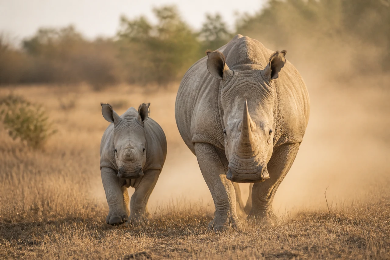 Gros plan sur la bouche carrée et les deux cornes d’un rhinocéros blanc
