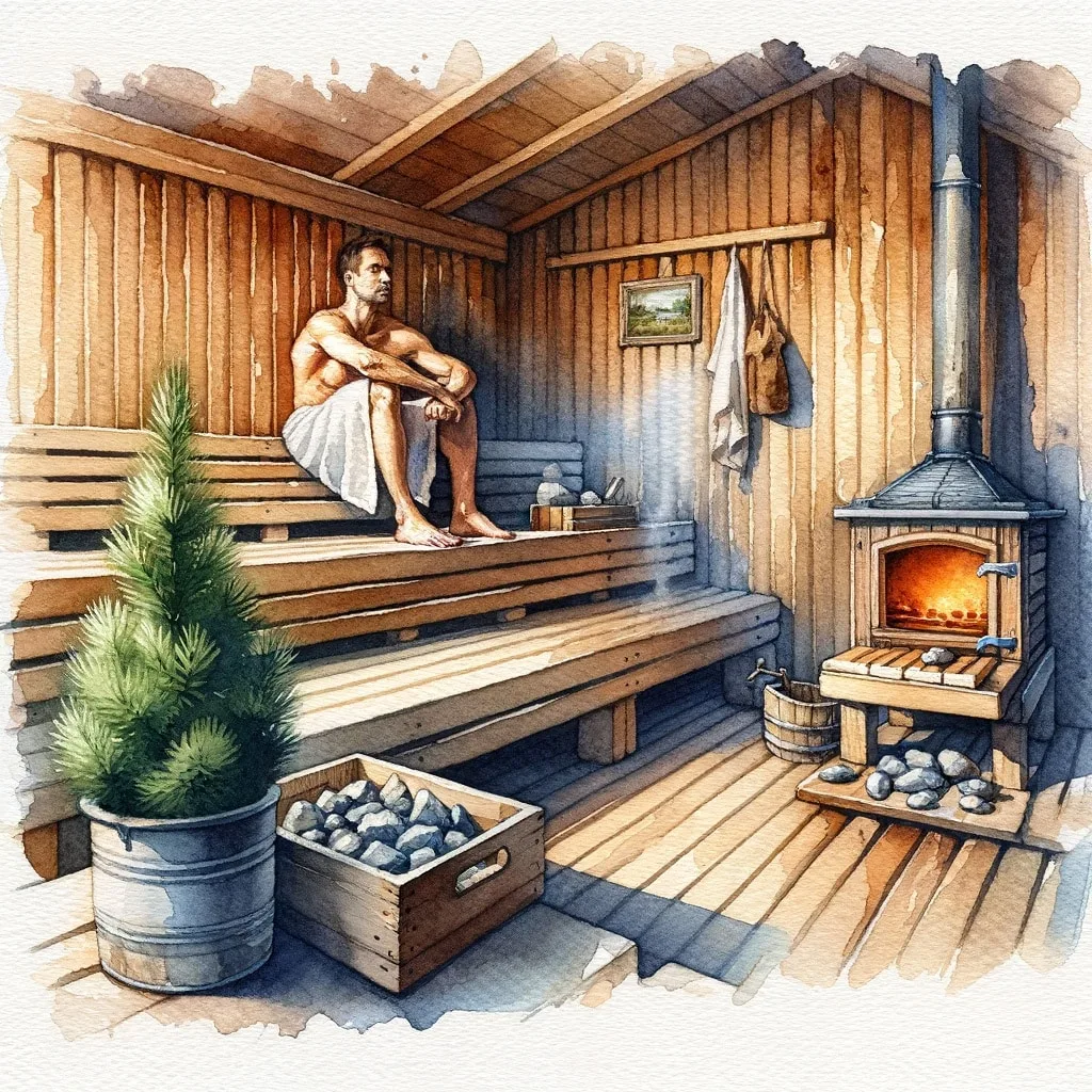 Sauna traditionnel en bois avec banquettes et poêle à pierres