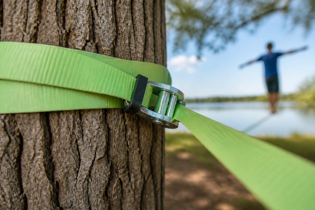 Sangle de slackline tendue à faible hauteur dans un parc pour l’apprentissage de l’équilibre