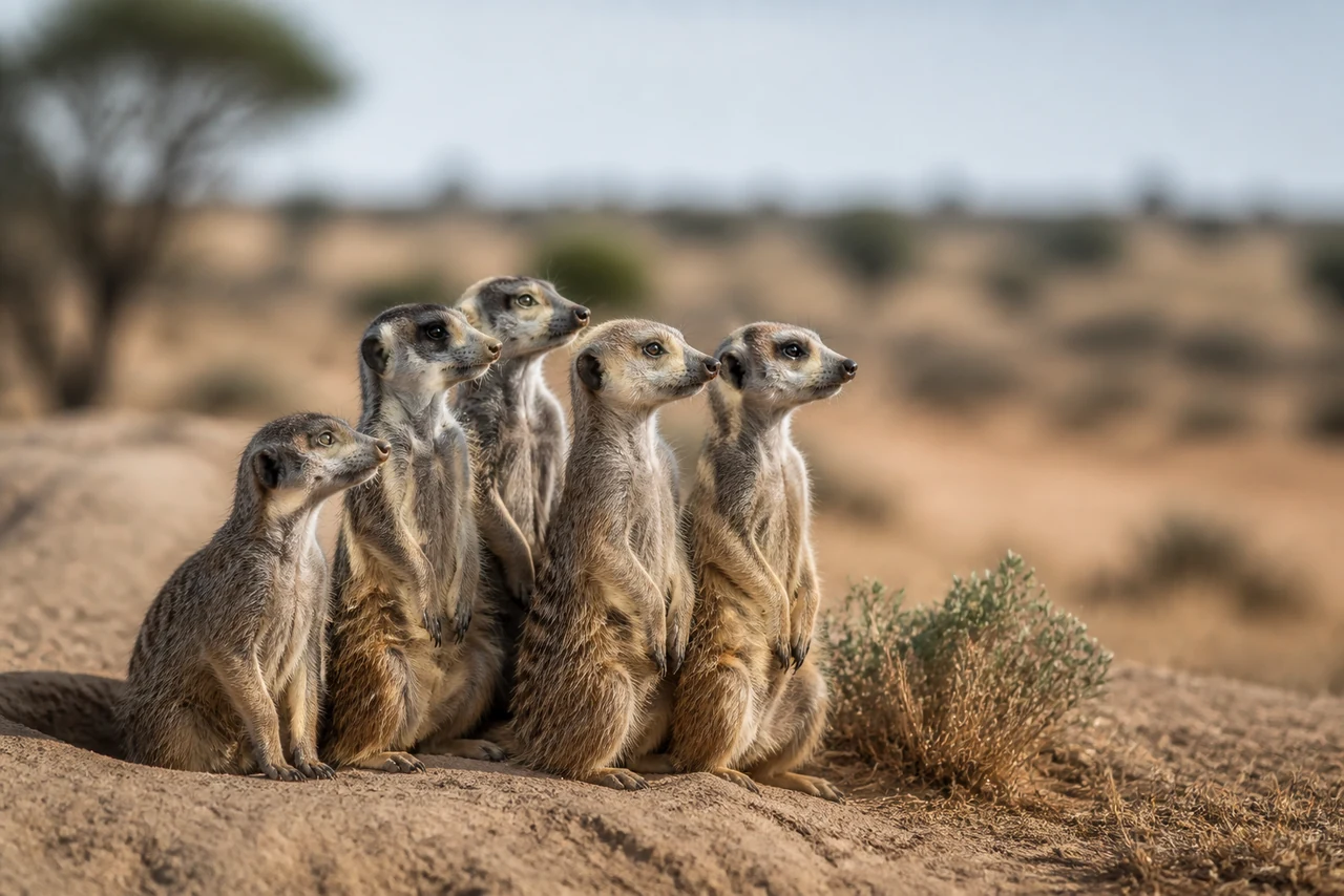 Groupe de suricates rassemblés à l’entrée de leur terrier dans une plaine aride