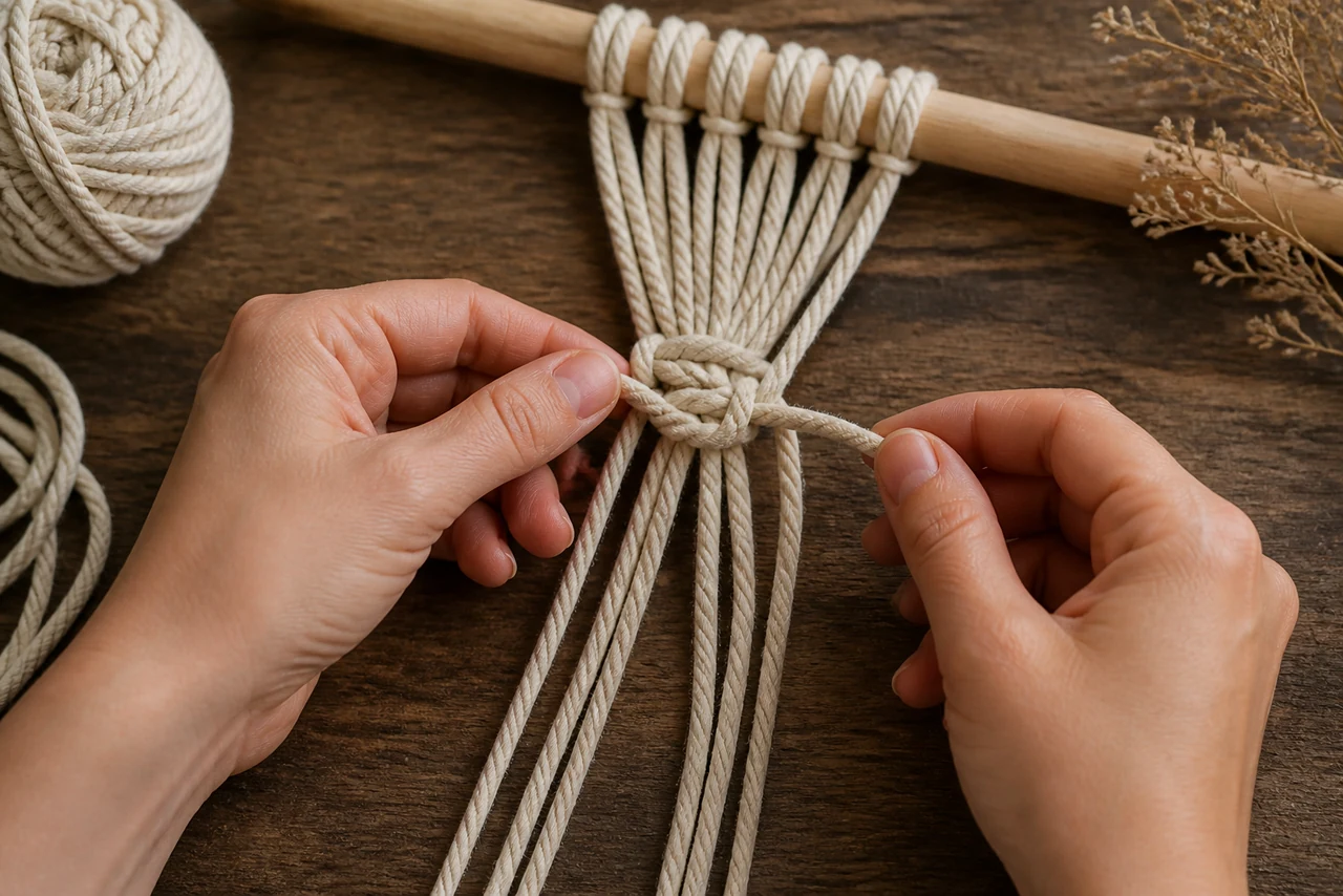 Détail des nœuds plats et de l’enroulement d’une suspension en macramé