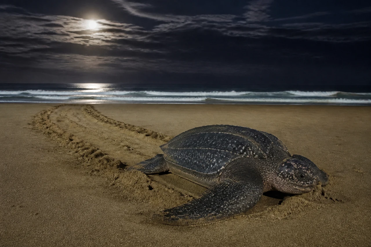 Gros plan sur la dossière cuirassée d’une tortue luth marquée de longues carènes