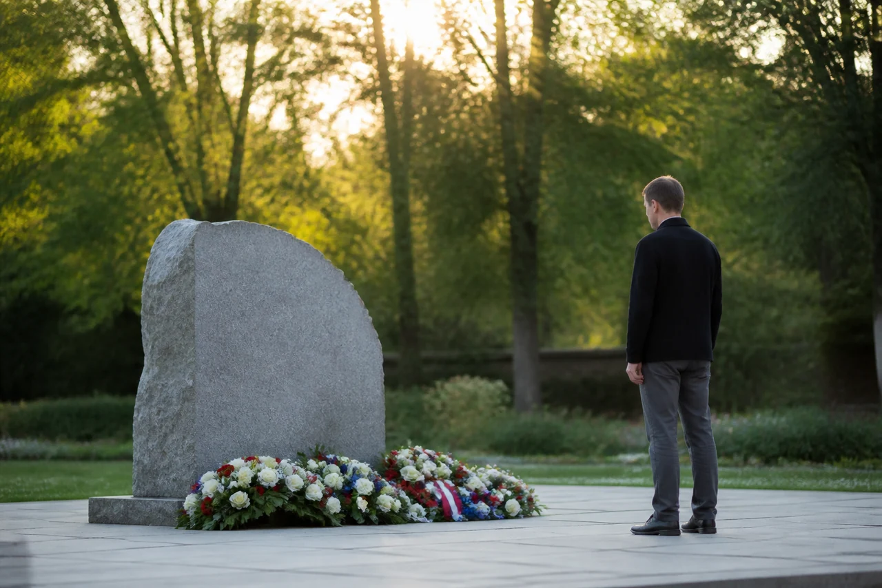 Visiteurs se recueillant devant un mémorial lors d’une visite de tourisme de mémoire